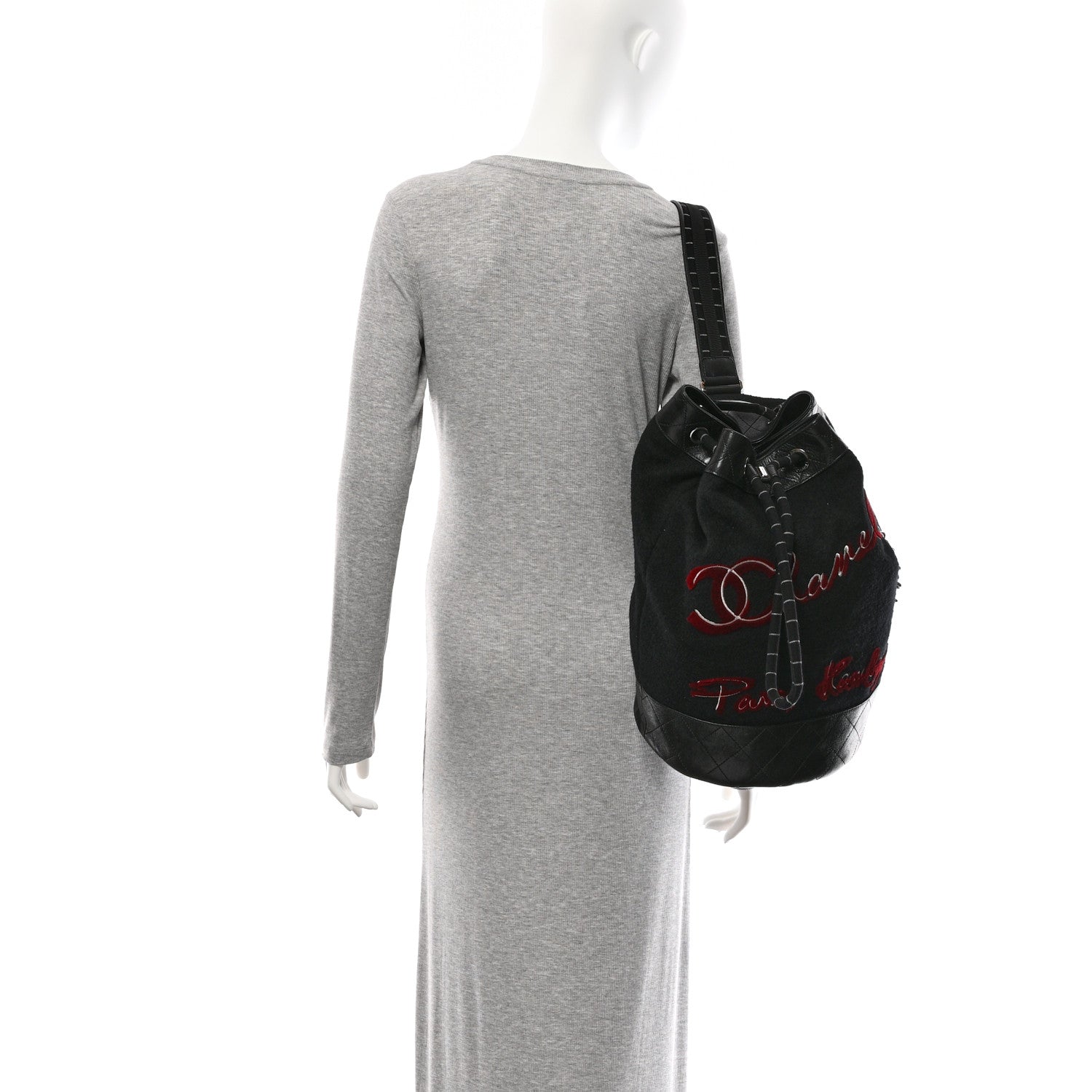 Wool Calfskin Embroidered Paris Hamburg Drawstring Backpack Black