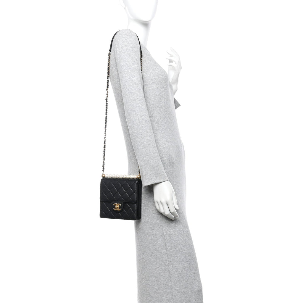 Goatskin Quilted Chic Pearls Flap Black