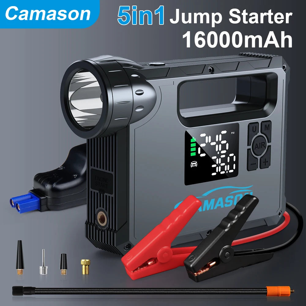 5-in-1 Portable Car Jump Starter with Air Compressor, Flashlight, Power Bank, and Battery Booster