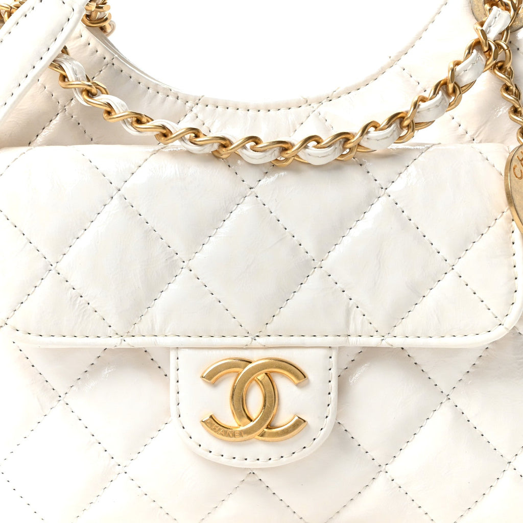 Shiny Crumpled Calfskin Quilted Small Wavy CC Hobo White
