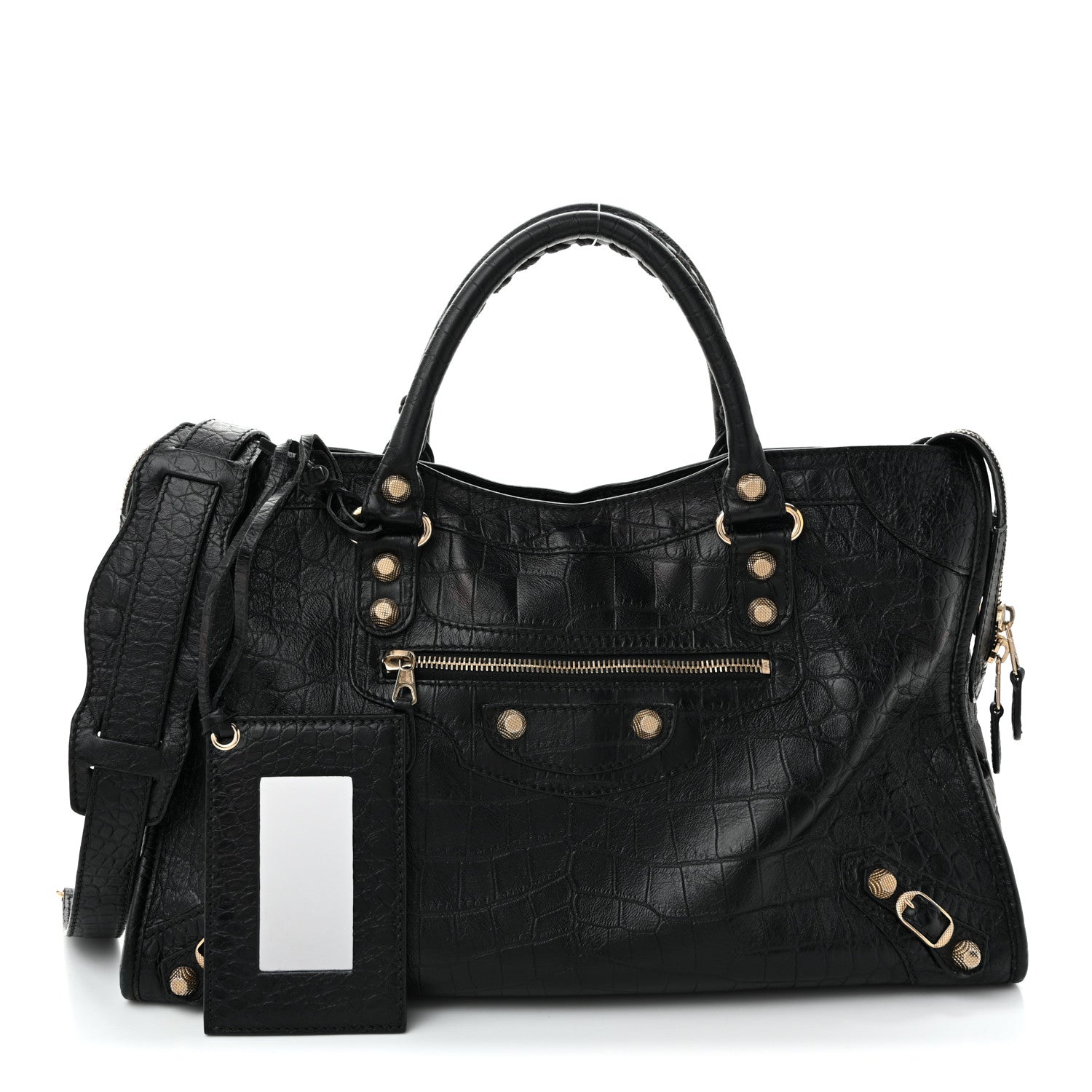 Calfskin Crocodile Embossed Giant 12 Gold Hardware City Black