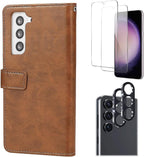 SAHARA - Bundle: Folio Brown Leather Wallet Case with Tempered Glass Screen and Camera Protector - Samsung Galaxy S23