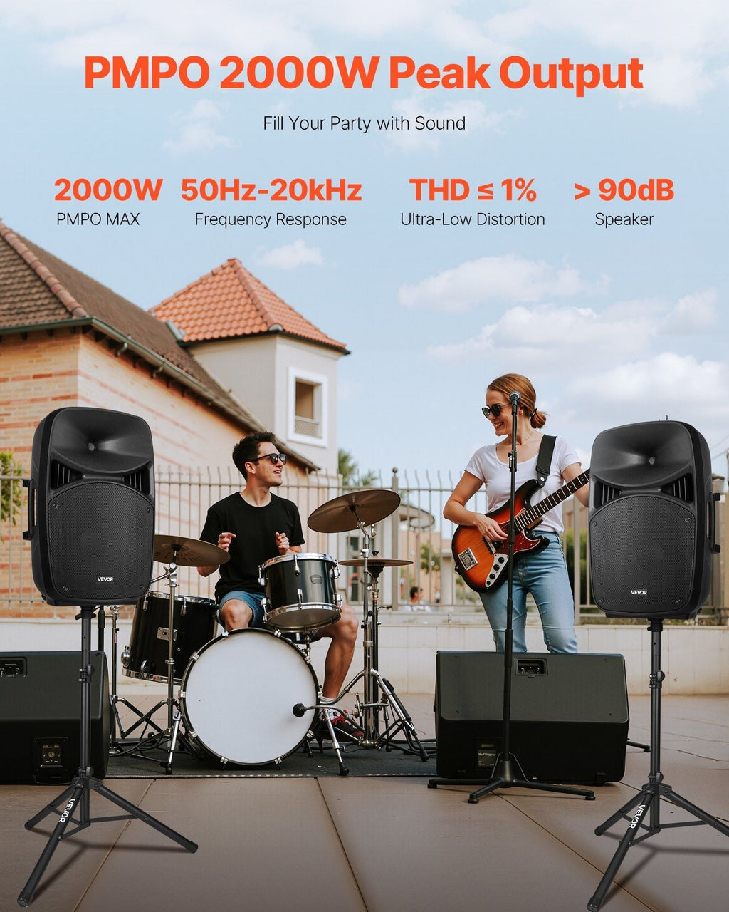 Portable PA System, 2000W (PMPO) Powered, Sound System Set with 3 Channel Mixer, Dual Speakers, Wireless Bluetooth, Microphone, Compact Stands, USB & SD Inputs, Remote Control, for DJs Events