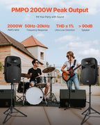 Portable PA System, 2000W (PMPO) Powered, Sound System Set with 3 Channel Mixer, Dual Speakers, Wireless Bluetooth, Microphone, Compact Stands, USB & SD Inputs, Remote Control, for DJs Events