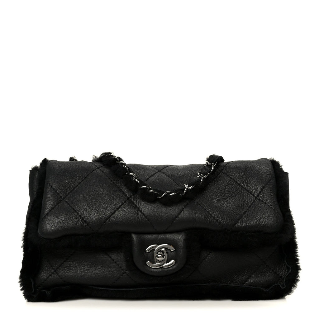 Shearling Quilted Medium Single Flap Black