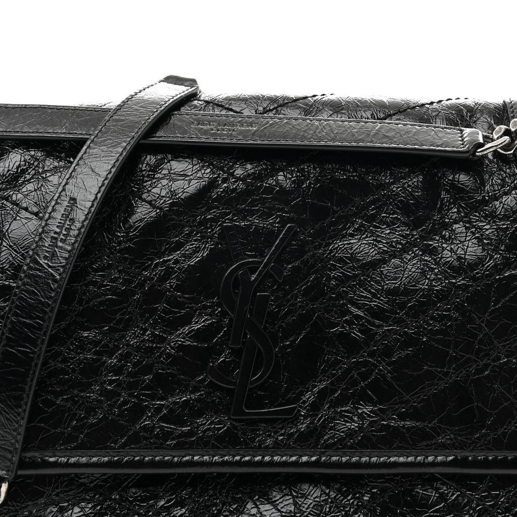 Crinkled Calfskin Matelasse Monogram Medium Niki Chain Satchel Black