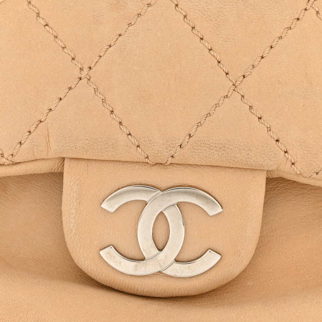 Lambskin Stitched Accordion Flap Tote Beige