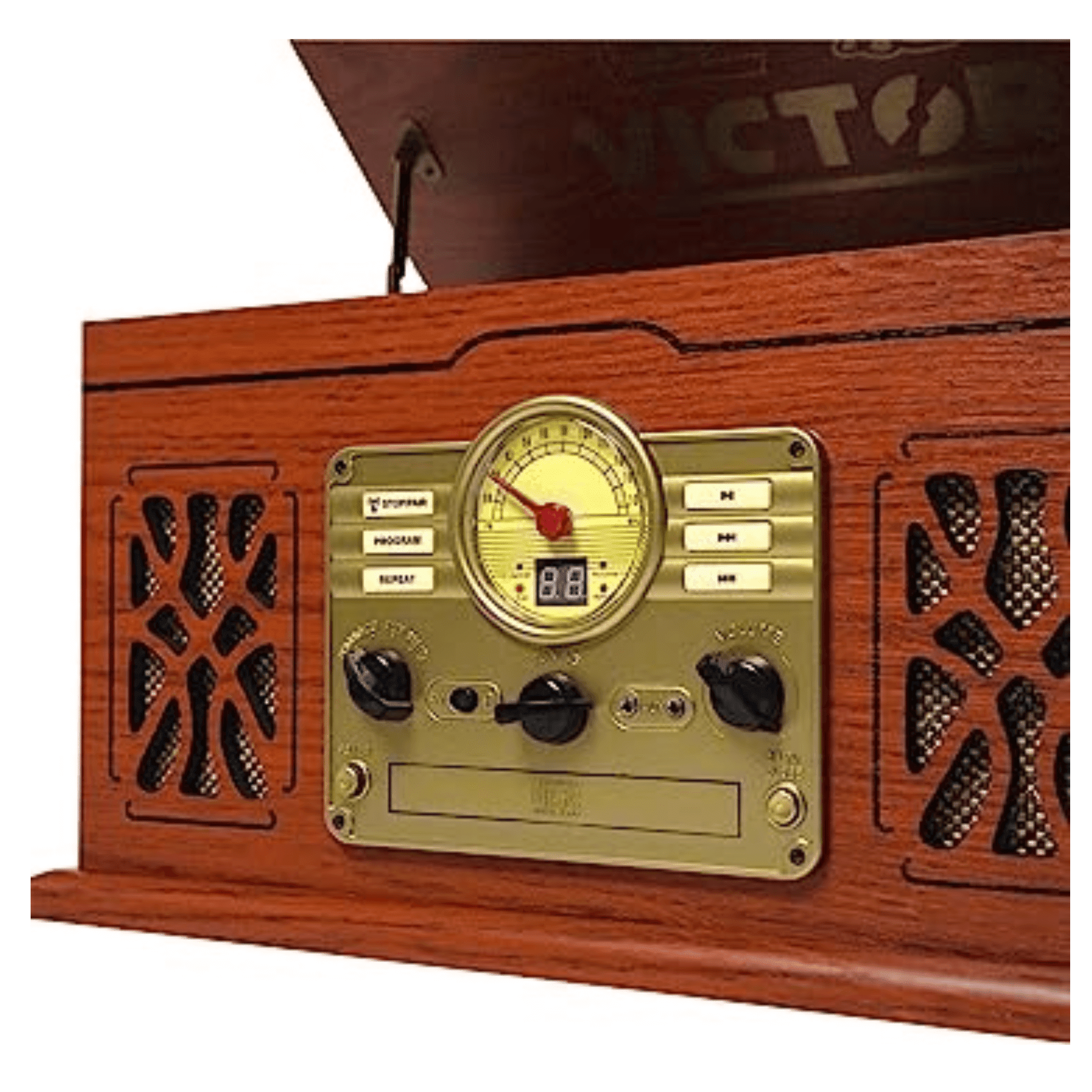 7-in-1 Wood Music Center with 3-Speed Turntable & Dual Bluetooth