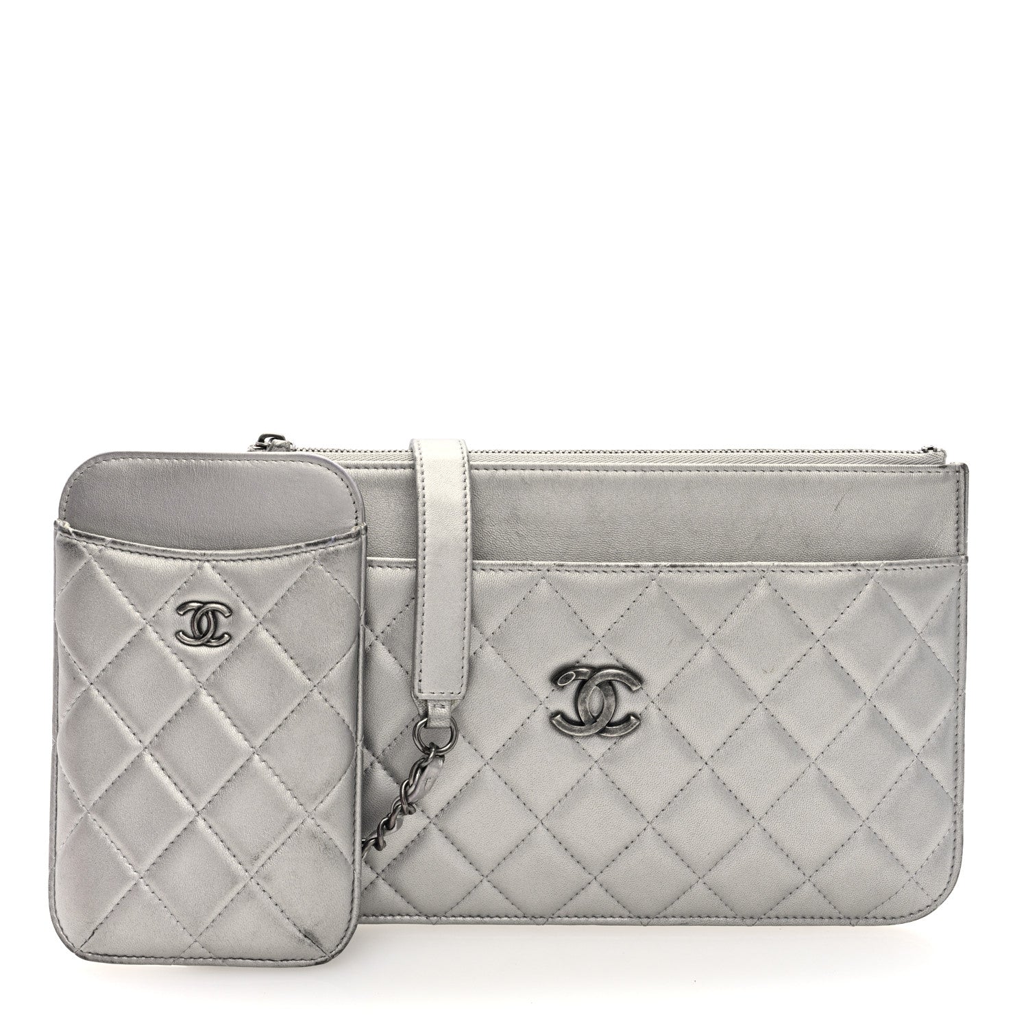 Metallic Lambskin Quilted Clutch With Chain Silver