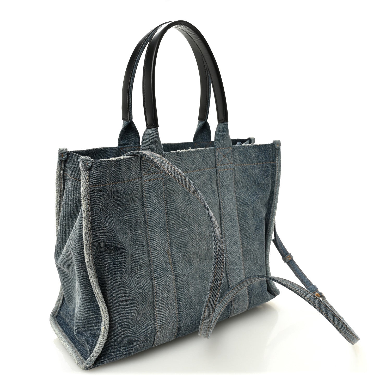 Washed Frayed Denim Logo Medium Hardware Tote Blue