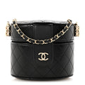 Lambskin Quilted Mini Round Vanity Case With Chain Black