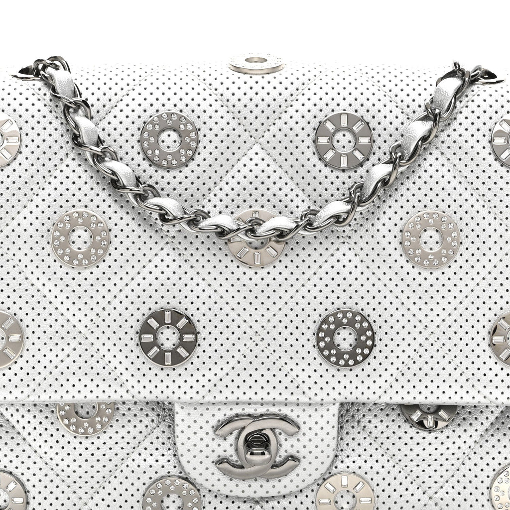 Perforated Metallic Lambskin Small CC Medals Flap Silver
