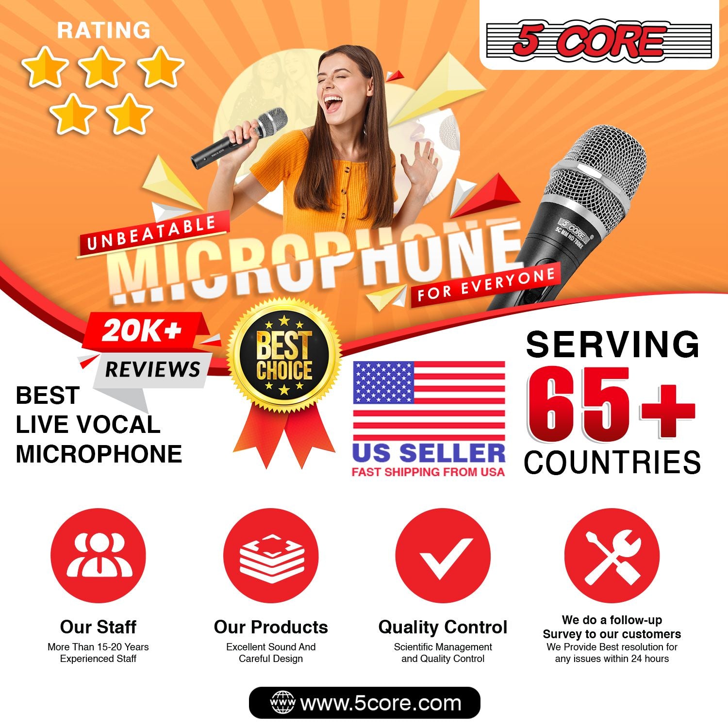 Professional Dynamic Vocal Microphone Neodymium Cardioid Unidirectional Handheld Mic for Singing Karaoke Steel Mesh Grille Metal Body With ON Off Switch + 16ft Detachable Cable + Clip + Bag