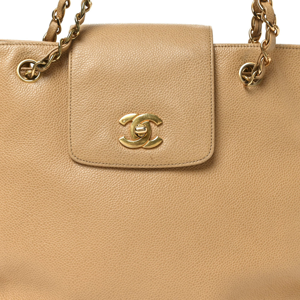 Caviar Turnlock Tote Beige