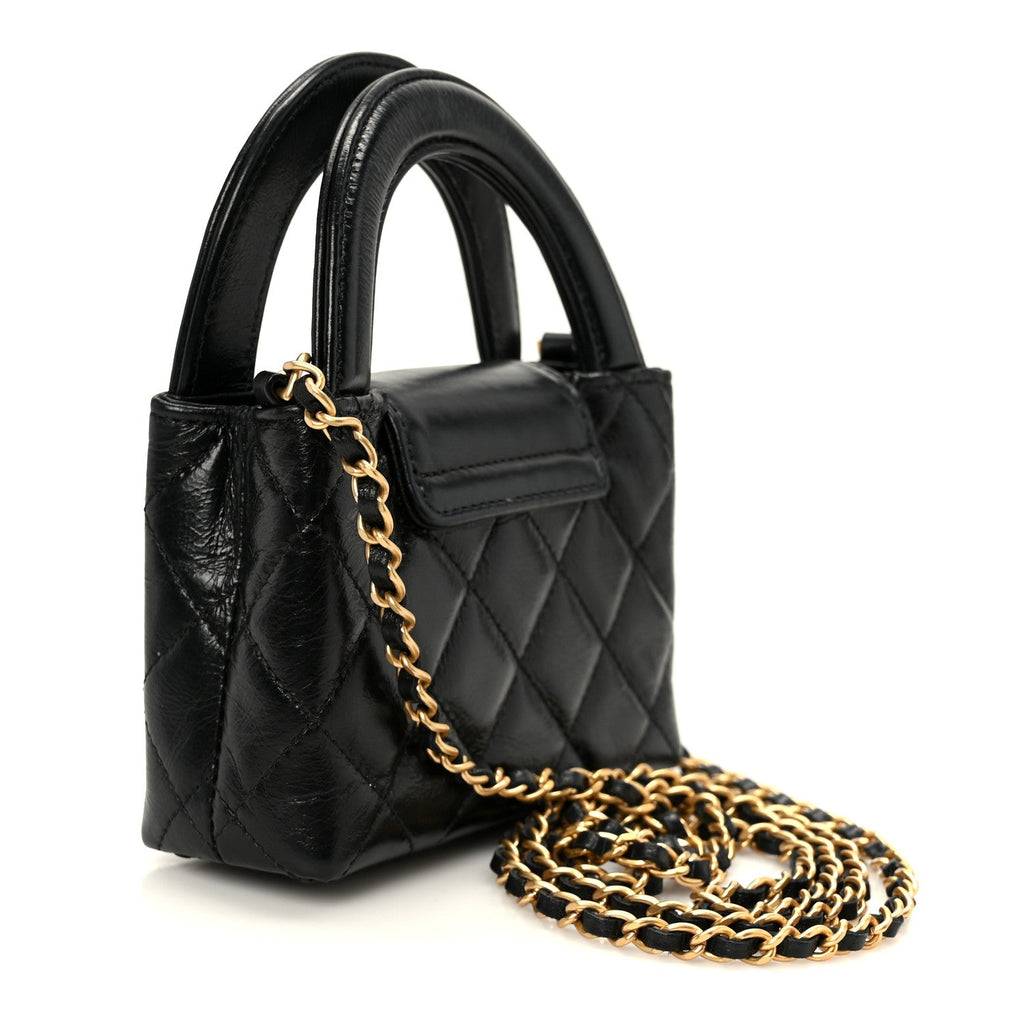 Shiny Aged Calfskin Quilted Mini Nano Kelly Shopper Black