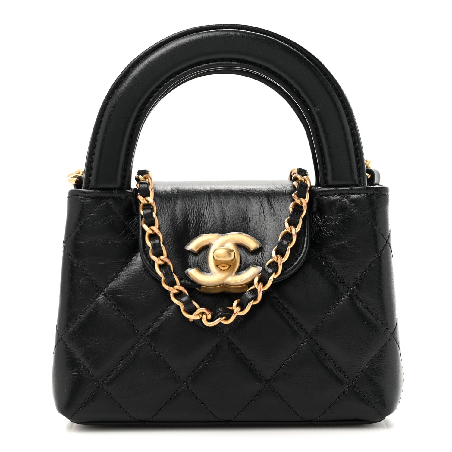 Shiny Aged Calfskin Quilted Mini Nano Kelly Shopper Black