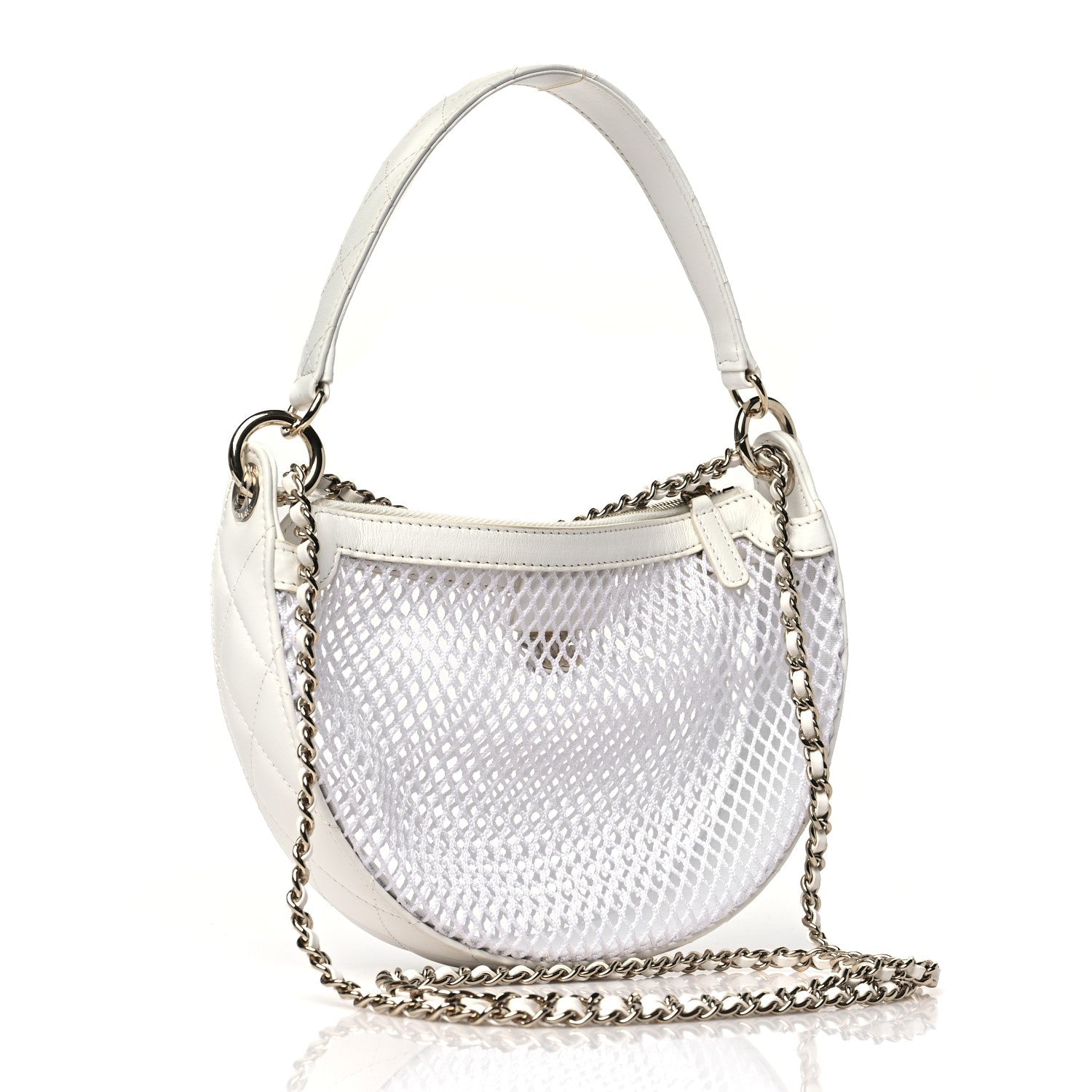 Mesh Shiny Lambskin Chain Hobo White
