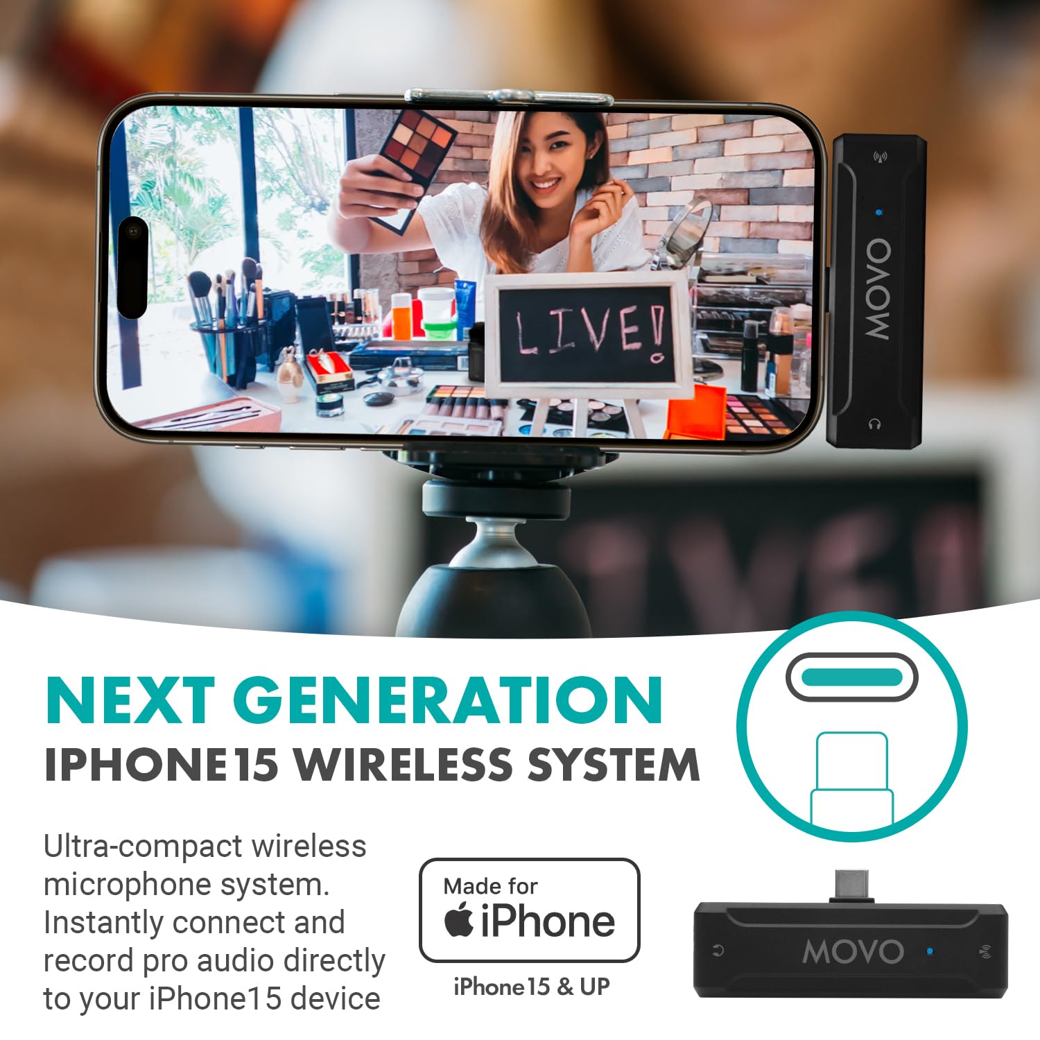 Movo WMX-2-C Wireless Microphone for iPhone 15/16 with Charging Case (USB-C)