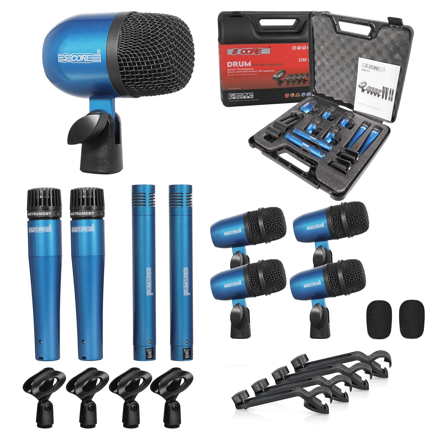 Drum Microphone Kit 9Pc All Metal Drummer Mics Tom/Snare & Cymbals Wired Instrument Drums Set