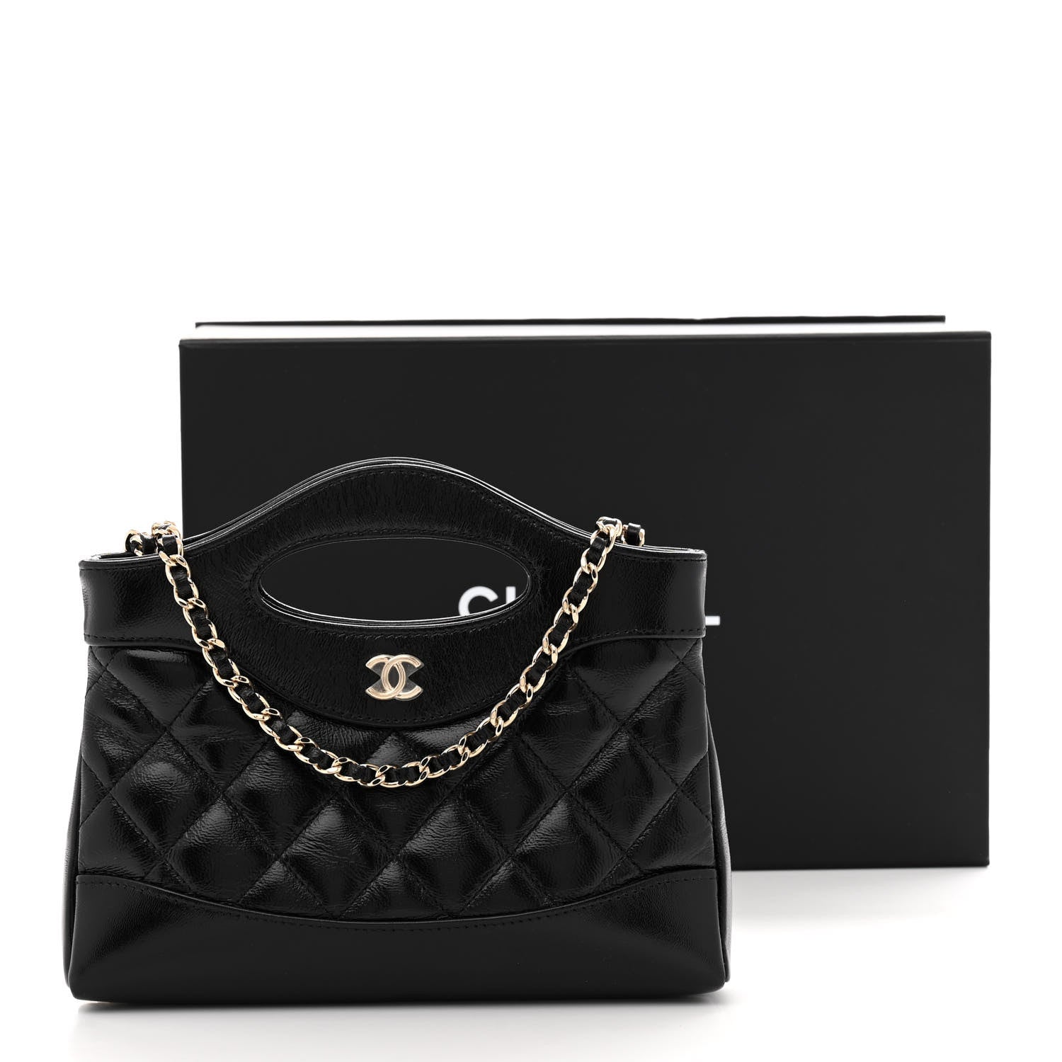 Shiny Crumpled Calfskin Quilted Nano 31 Shopping Bag Black