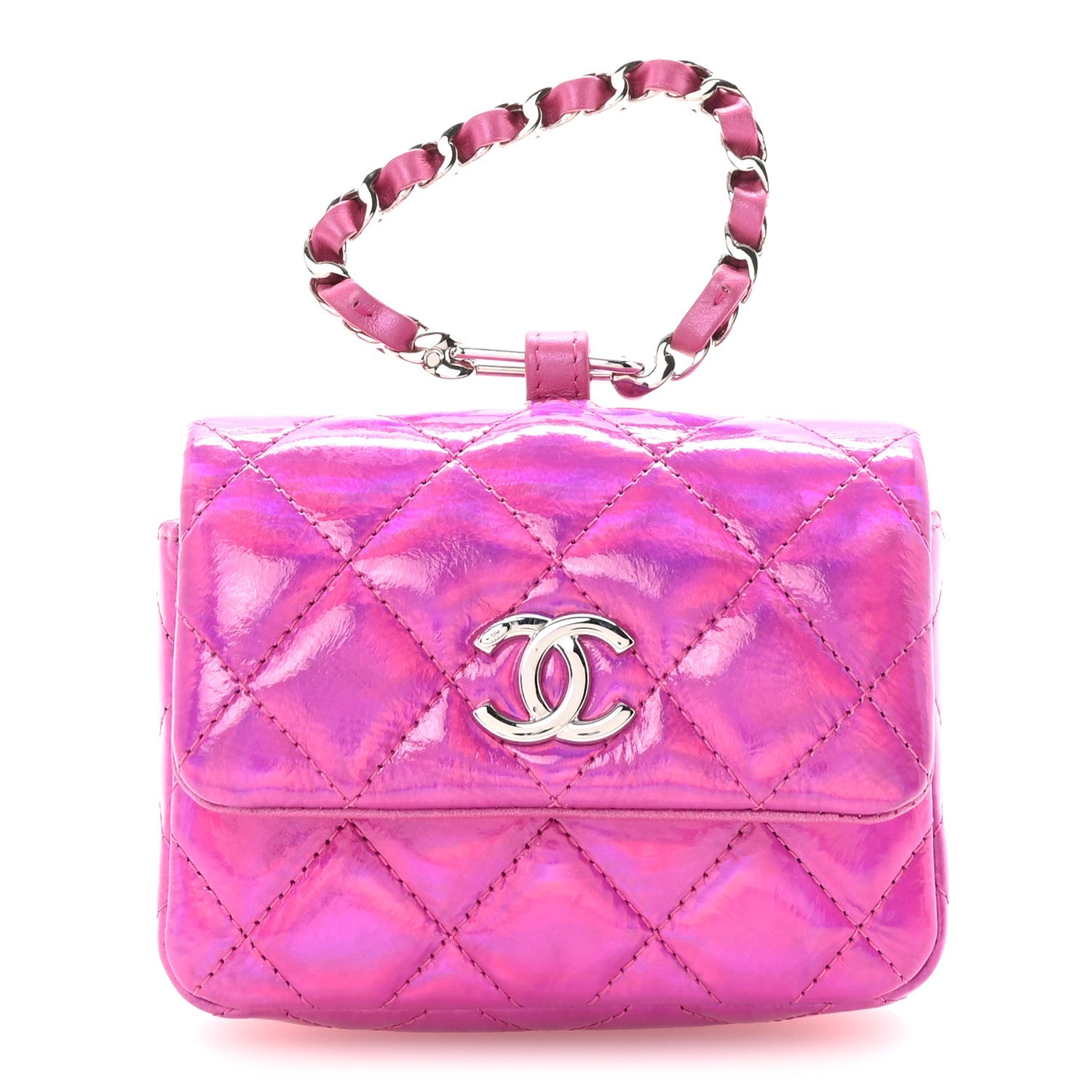 Patent Lambskin Quilted CC Hook Card Holder Pink