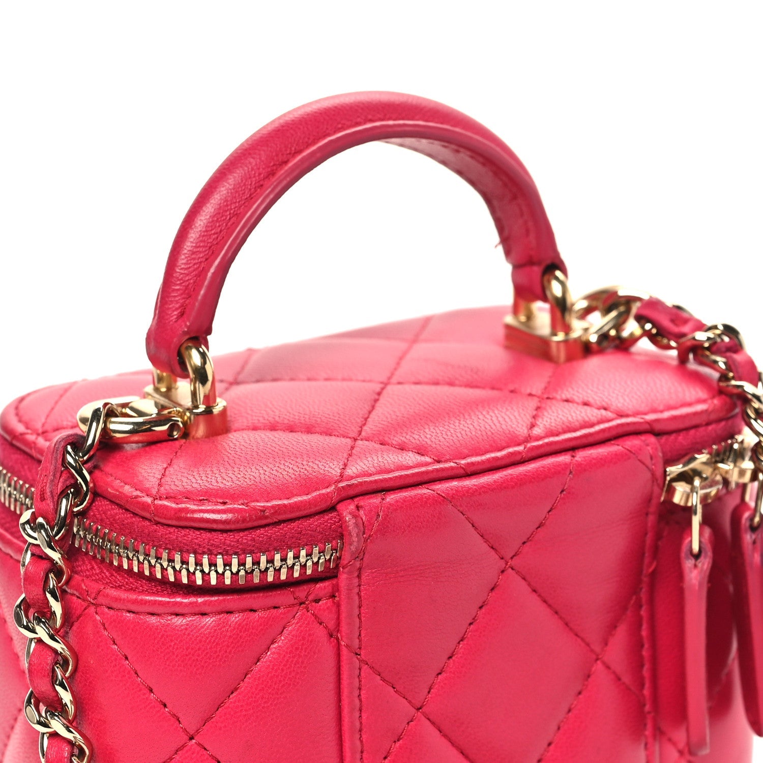 Lambskin Quilted Mini Top Handle Vanity Case With Chain Dark Pink