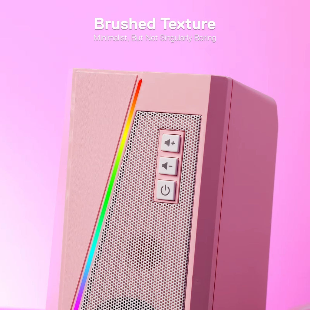 RGB Desktop Speakers - 2.0 Channel PC Stereo System with 6 LED Color Modes and Enhanced Sound, White/Pink