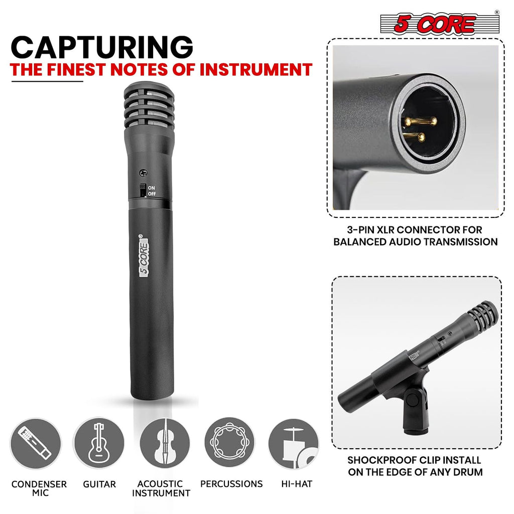 Professional Instrument Microphone Pencil Mic Condenser Cardioid Unidirectional Stick Microfono with Windscreen Mic Clip & Case - INSTRU MIC 100 BLK