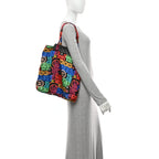 Caviar Fabric Graffiti Foldable Tote Bag With Chain Black Multicolor