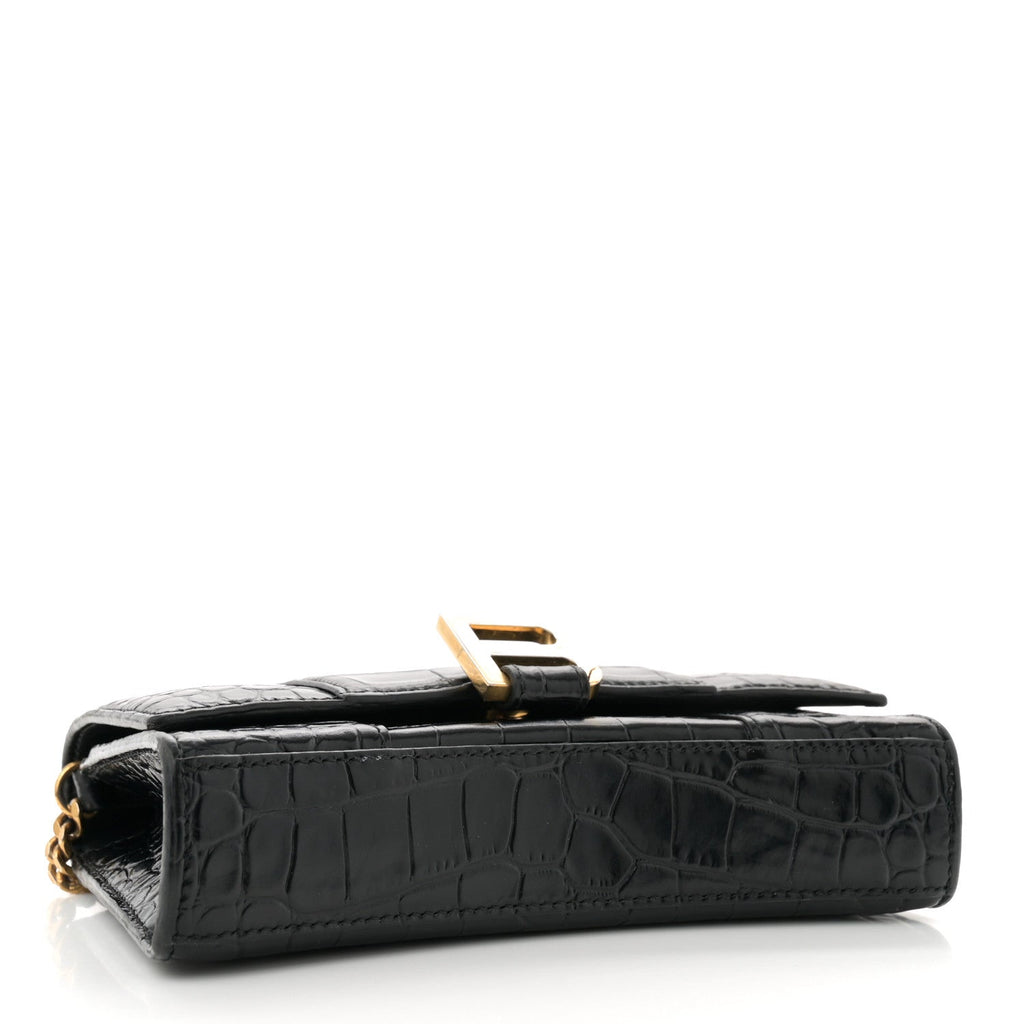 Shiny Calfskin Crocodile Embossed Hourglass Chain Bag Black