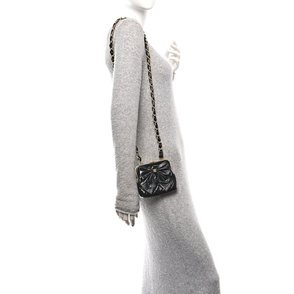 Patent Crumpled Lambskin Quilted Maxi Bow Clutch With Chain Black