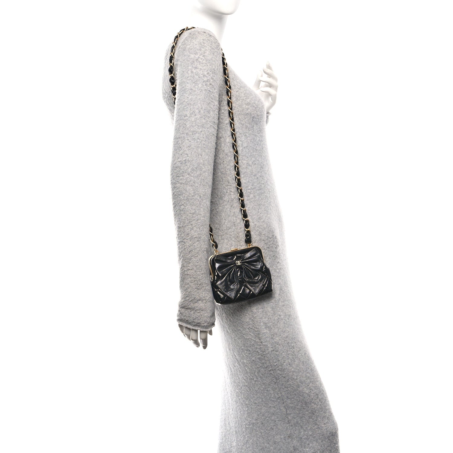 Patent Crumpled Lambskin Quilted Maxi Bow Clutch With Chain Black