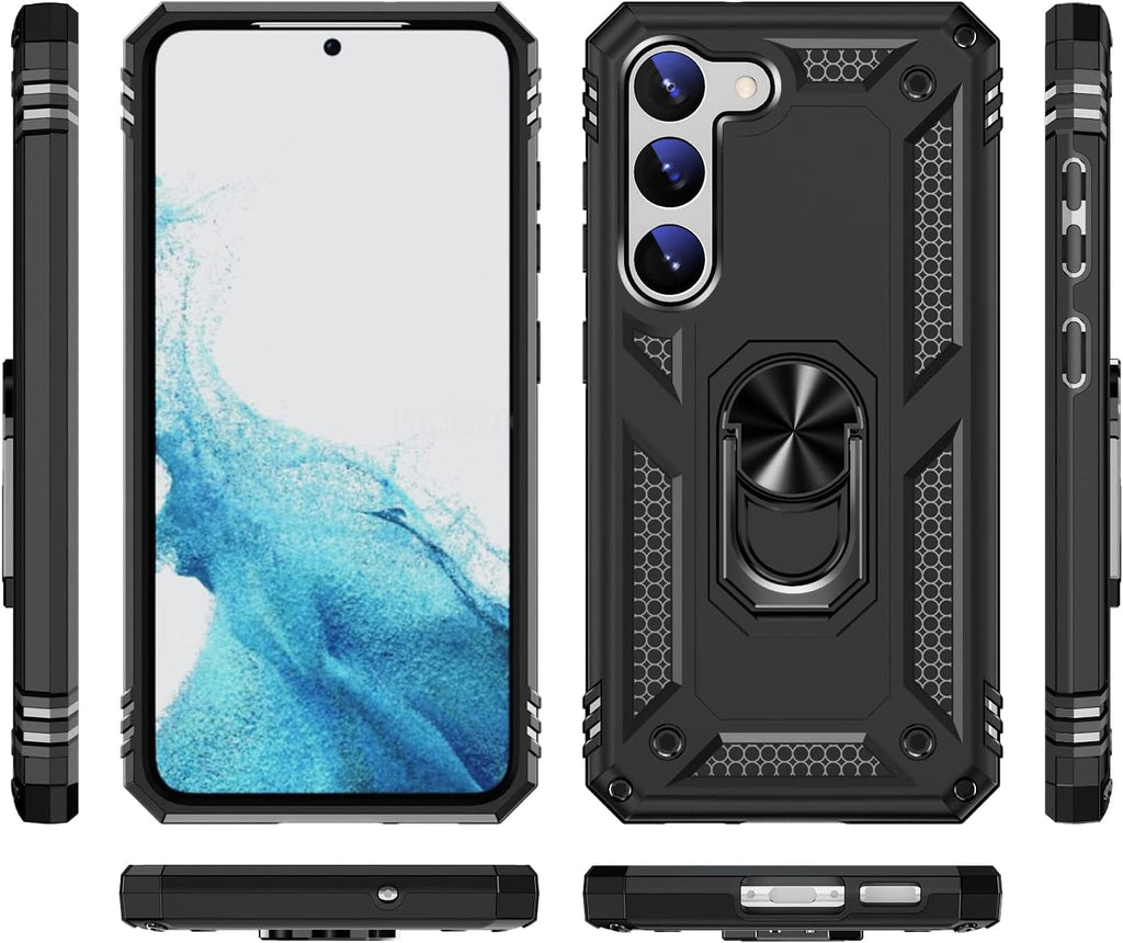 SAHARA - Bundle: Black Kickstand Series with Belt Clip Case with Tempered Glass Screen and Camera Protector - Samsung Galaxy S23