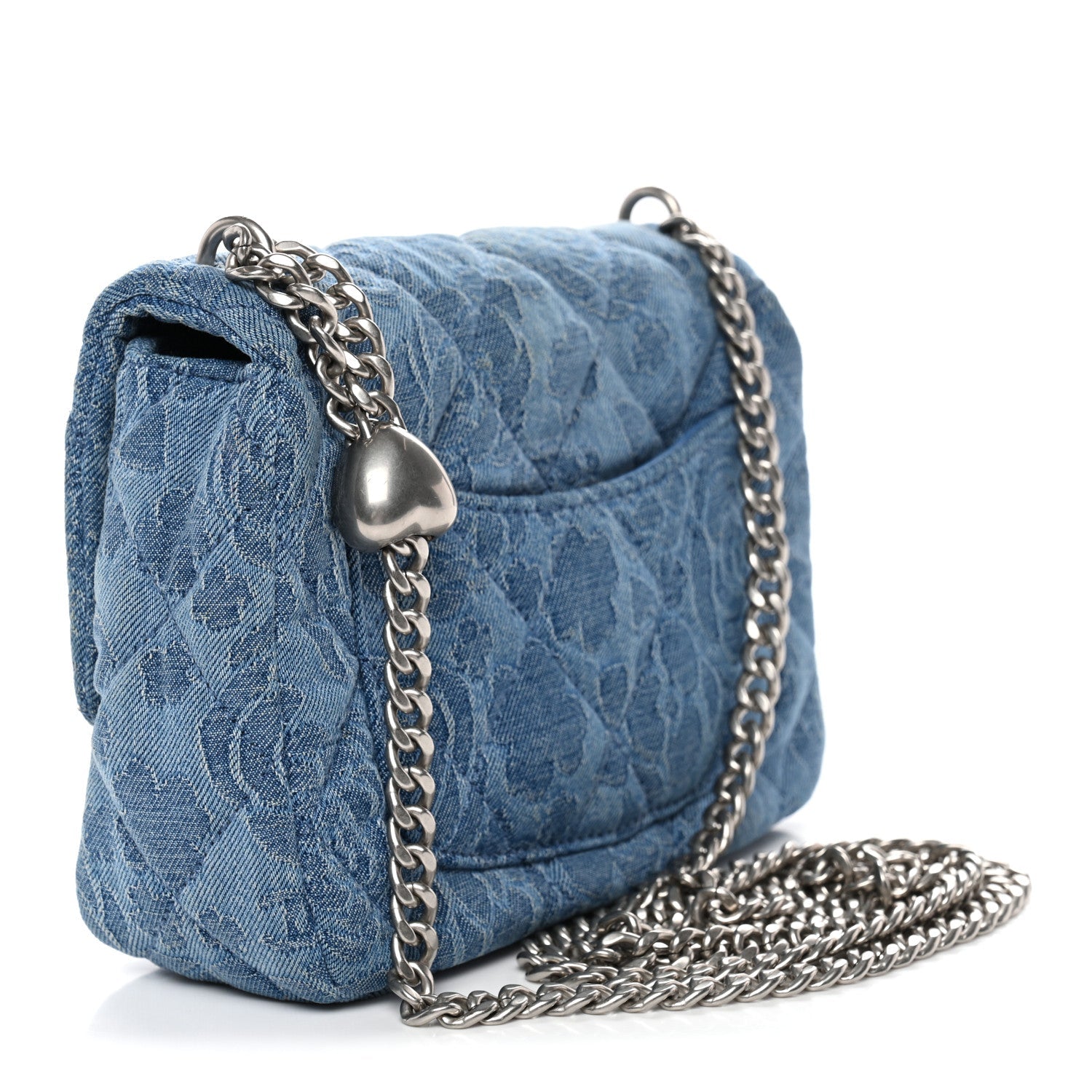 Denim Quilted Camellia Sweetheart Mini Flap Blue