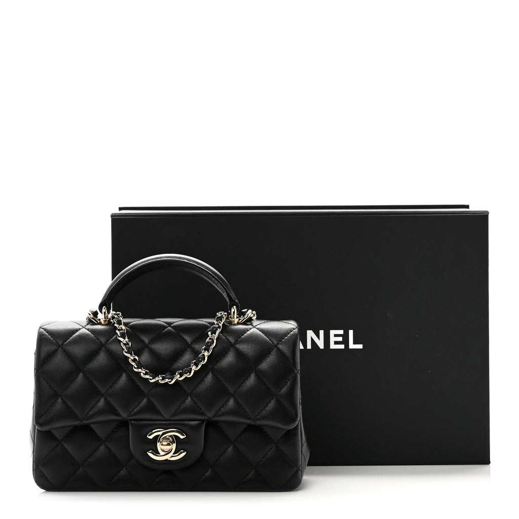 Lambskin Quilted Mini Top Handle Rectangular Flap Black