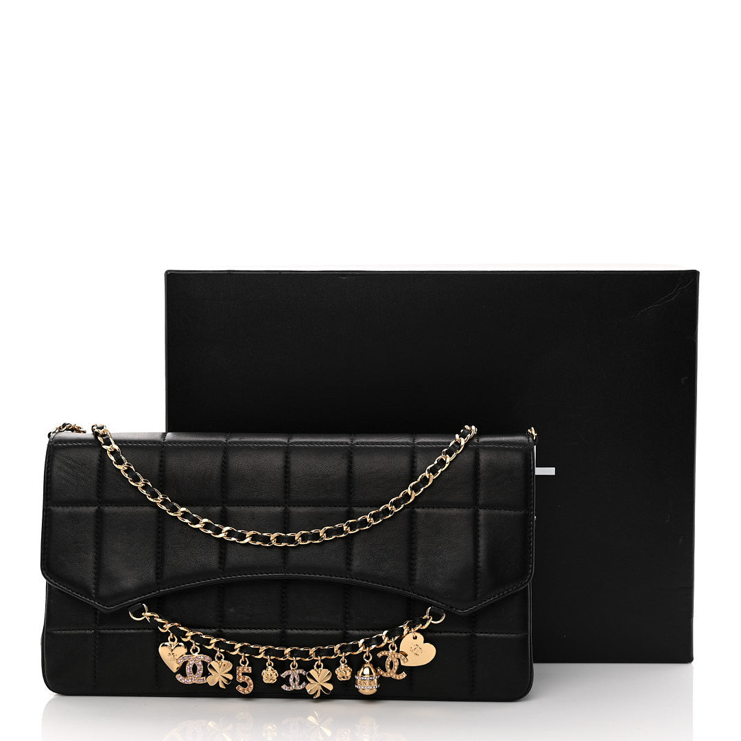 Lambskin Quilted Crystal Chocolate Bar Charm Flap Black