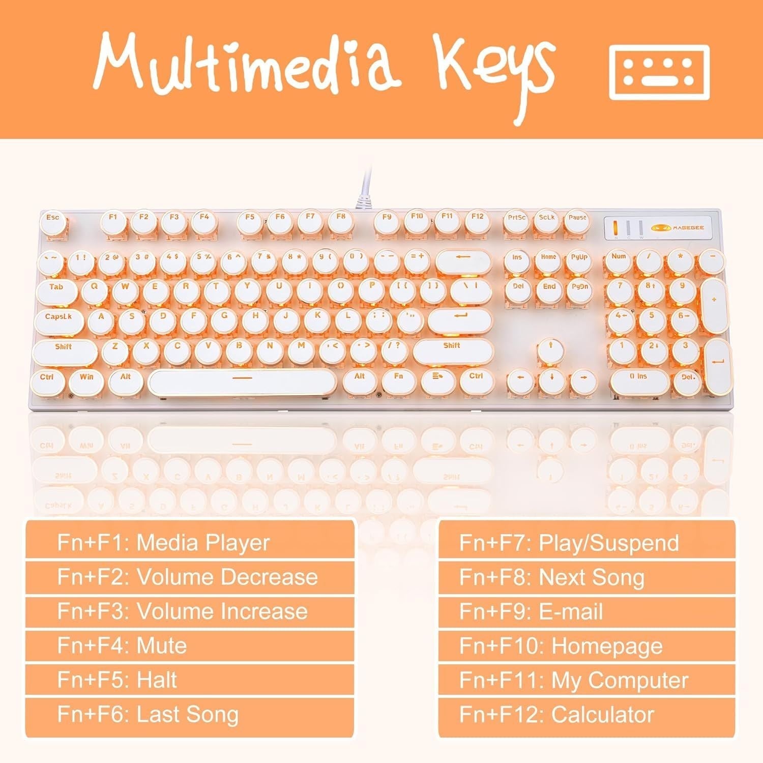 Typewriter Style Mechanical Keyboard, Retro Punk Gaming Keyboard with Gold LED Backlit, Cute Wired Keyboards,104 Keys Full Size Keyboards, Uique Round Keycaps for Windows/Mac/PC White Gold