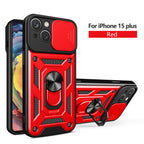 Kickstand Ring Holder With Slide Camera Cover Tpu Magnetic Car Mount For Apple Iphone 15 Plus In Red