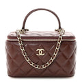 Lambskin Quilted Small Top Handle Vanity Case With Chain Dark Brown