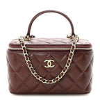 Lambskin Quilted Small Top Handle Vanity Case With Chain Dark Brown