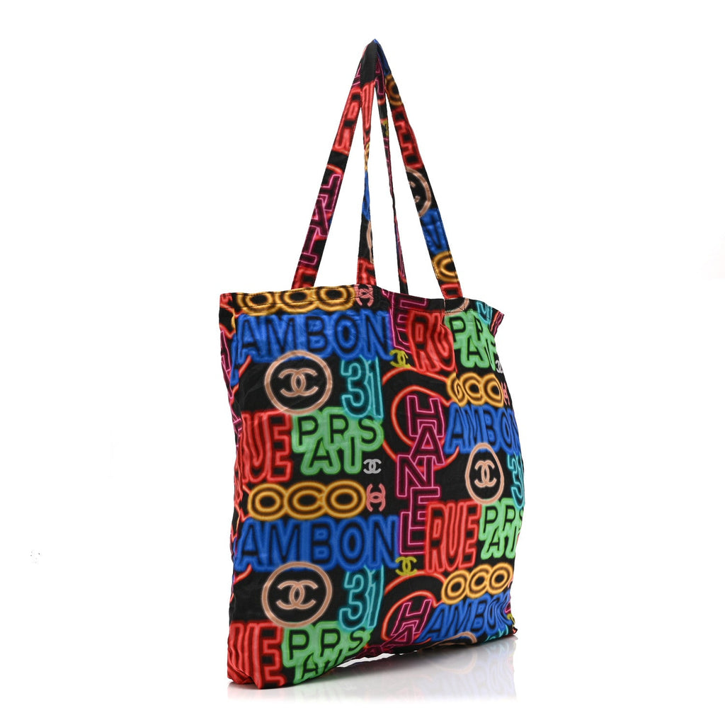 Caviar Fabric Graffiti Foldable Tote Bag With Chain Black Multicolor