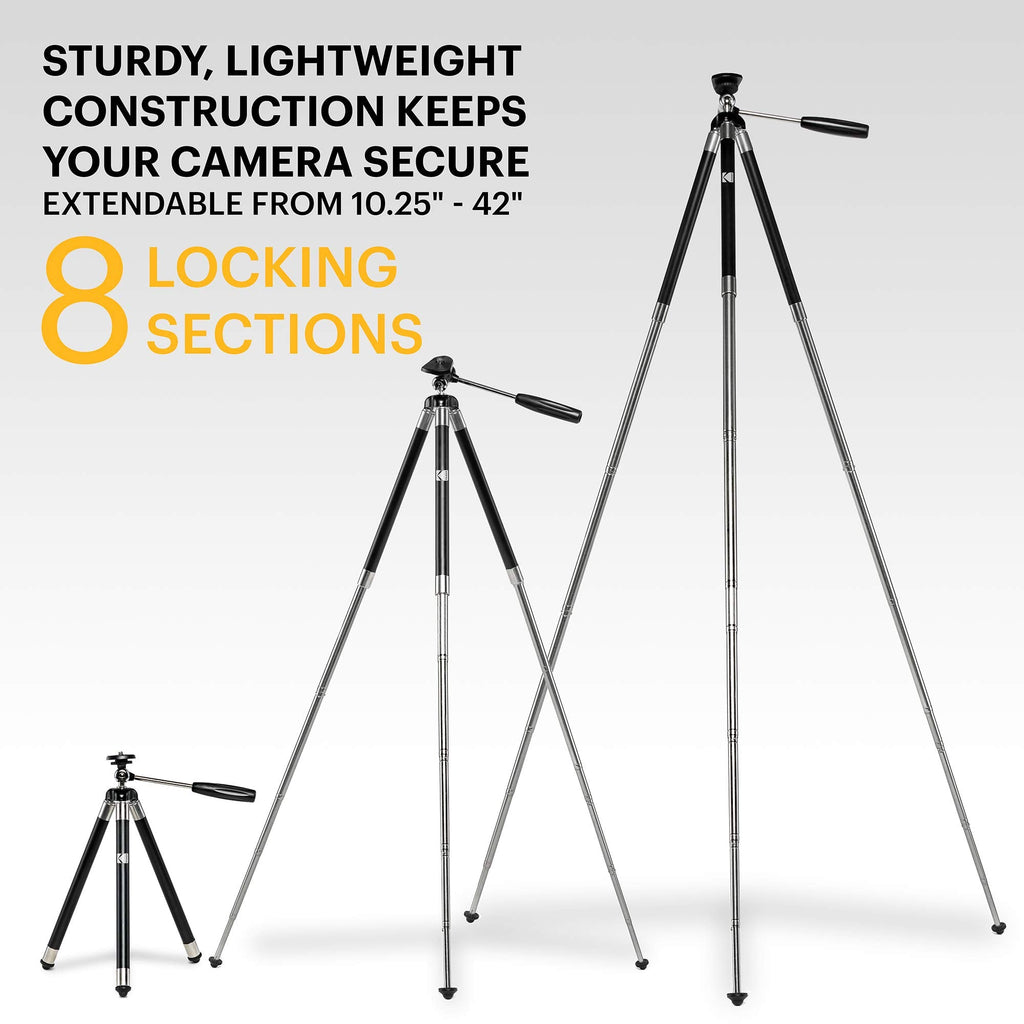 Kodak PhotoGear 42” Camera Tripod, 8-Section Aluminum Tripod with Remote, 360° Ball Head & Case