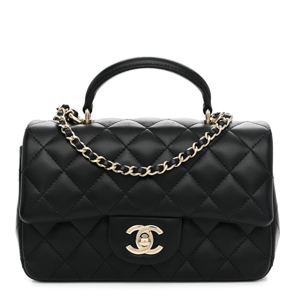 Lambskin Quilted Mini Top Handle Rectangular Flap Black