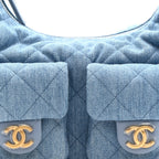 Washed Denim Quilted Large Trendy Pockets Hobo Blue