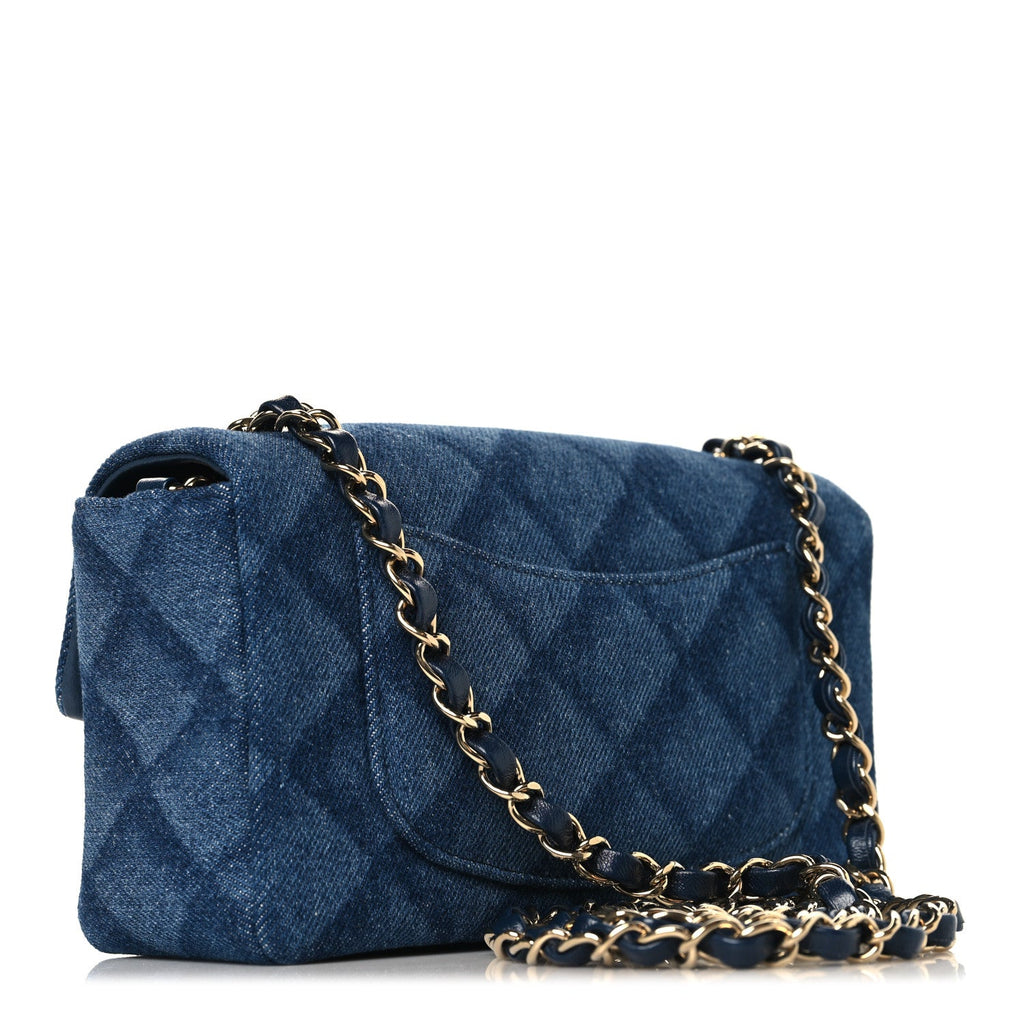 Printed Denim Quilted Mini Rectangular Flap Dark Blue