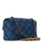 Printed Denim Quilted Mini Rectangular Flap Dark Blue