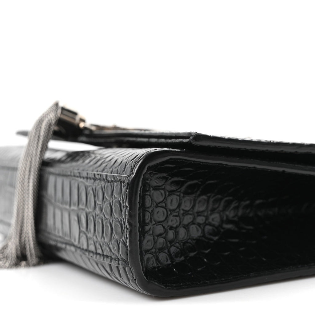 Calfskin Crocodile Embossed Small Classic Monogram Kate Tassel Satchel Black