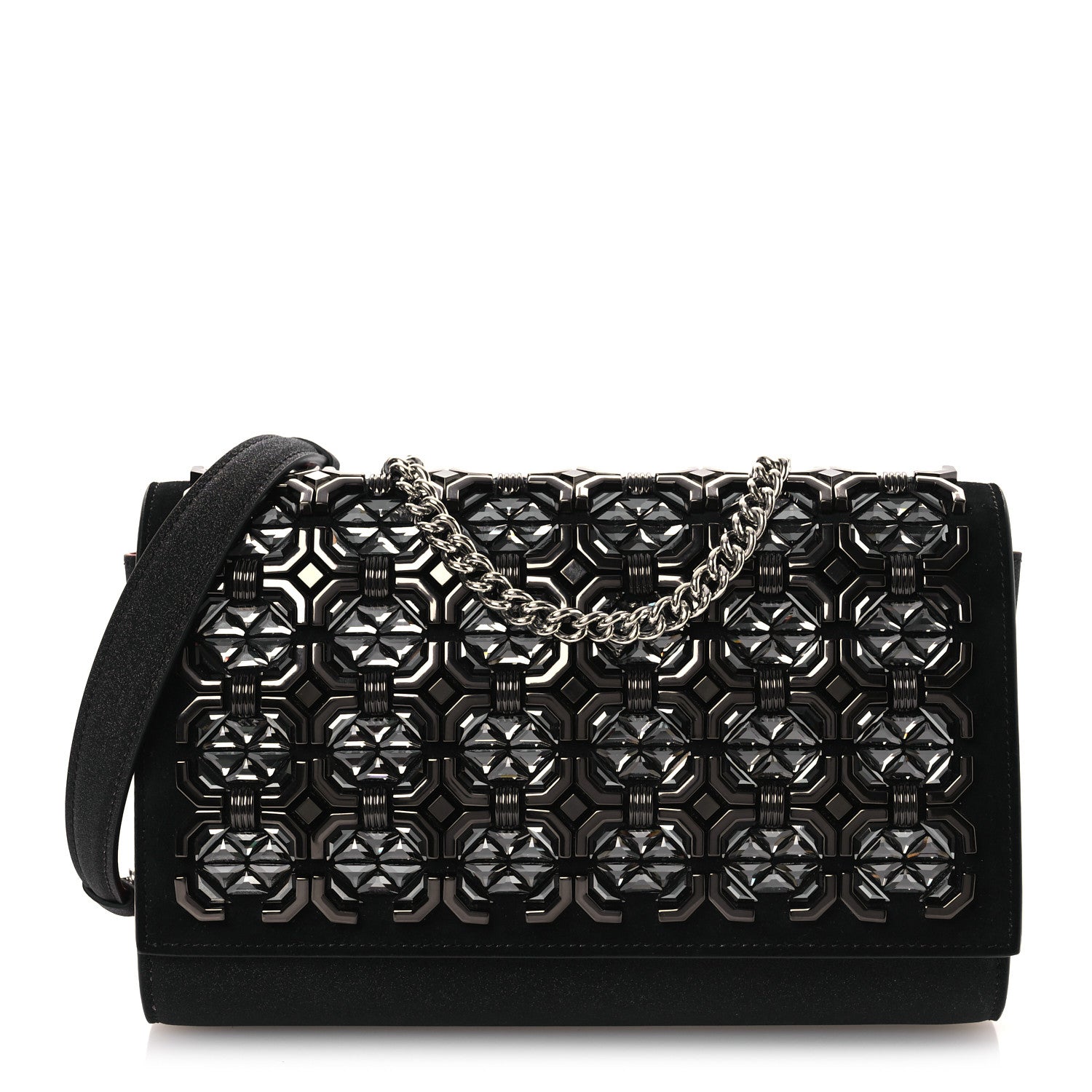 Suede Glitter Calfskin Embellished Paloma Clutch Black