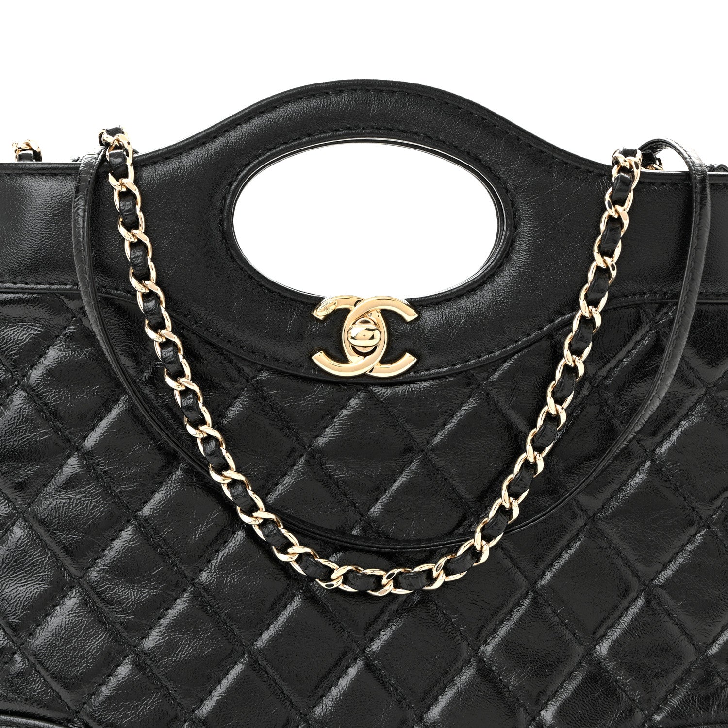Shiny Crumpled Calfskin Quilted Mini 31 Shopping Bag Black