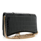 Shiny Calfskin Crocodile Embossed Hourglass Chain Bag Black